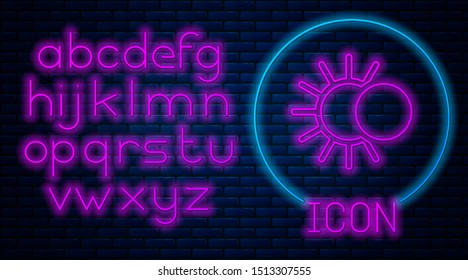 Glowing neon Eclipse of the sun icon isolated on brick wall background. Total sonar eclipse. Neon light alphabet. Vector Illustration