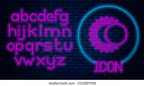 Glowing neon Eclipse of the sun icon isolated on brick wall background. Total sonar eclipse. Neon light alphabet. Vector Illustration