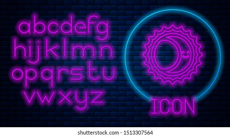 Glowing neon Eclipse of the sun icon isolated on brick wall background. Total sonar eclipse. Neon light alphabet. Vector Illustration
