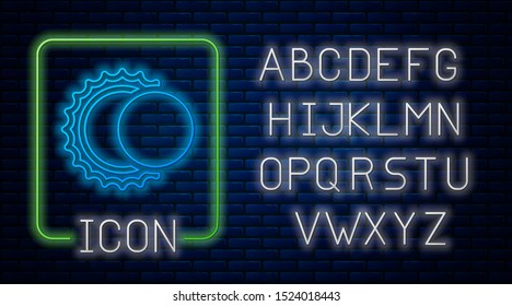 Glowing neon Eclipse of the sun icon isolated on brick wall background. Total sonar eclipse. Neon light alphabet. Vector Illustration