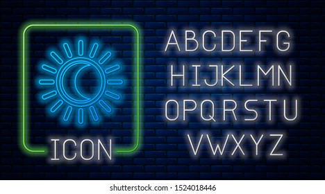 Glowing neon Eclipse of the sun icon isolated on brick wall background. Total sonar eclipse. Neon light alphabet. Vector Illustration