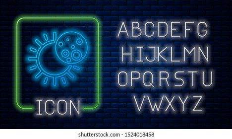 Glowing neon Eclipse of the sun icon isolated on brick wall background. Total sonar eclipse. Neon light alphabet. Vector Illustration