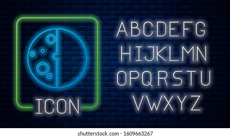 Glowing neon Eclipse of the sun icon isolated on brick wall background. Total sonar eclipse. Neon light alphabet. Vector Illustration