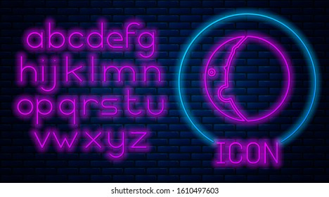 Glowing neon Eclipse of the sun icon isolated on brick wall background. Total sonar eclipse. Neon light alphabet. Vector Illustration