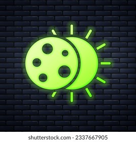 Glowing neon Eclipse of the sun icon isolated on brick wall background. Total sonar eclipse.  Vector