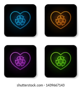 Glowing neon Eco friendly heart icon isolated on white background. Heart eco recycle nature bio. Environmental concept. Black square button. Vector Illustration