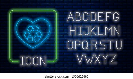 Glowing neon Eco friendly heart icon isolated on brick wall background. Heart eco recycle nature bio. Environmental concept. Neon light alphabet. Vector Illustration