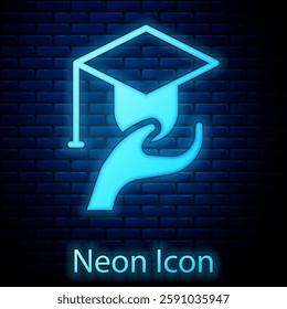 Glowing neon Education grant icon isolated on brick wall background. Tuition fee, financial education, budget fund, scholarship program, graduation hat.  Vector