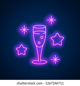 Glowing neon effect Happy New Year sign. Vector illustration glass of champagne and snowflakes, night bright signboard banner, advertising design element, light logo for card, club invitation concept