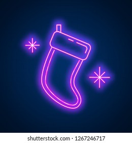 Glowing neon effect Happy New Year sign. Vector illustration Christmas stocking, night bright signboard banner, advertising design element, cartoon light logo for card, club invitation concept