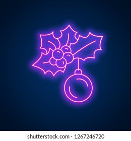 Glowing neon effect Happy New Year sign. Vector illustration holly sprig with Christmas ball, night bright signboard banner, advertising design element, light logo for card, club invitation concept