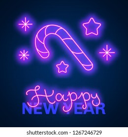 Glowing neon effect Happy New Year sign. Vector illustration candy cane, star and snowflake, night bright signboard banner, advertising design element, cartoon light logo for card, club invitation