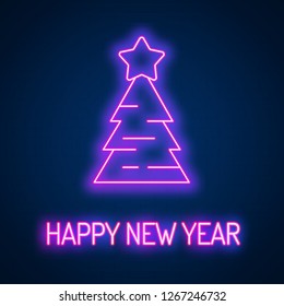 Glowing neon effect Happy New Year sign. Vector illustration Christmas tree with star, night bright signboard banner, advertising design element, cartoon light logo for card, club invitation concept