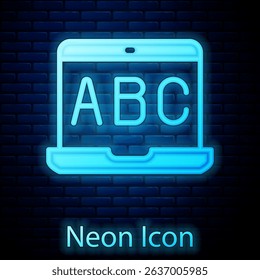 Glowing neon E-learning of different foreign languages icon isolated on brick wall background.  Vector