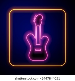 Glowing neon Electric bass guitar icon isolated on black background.  Vector