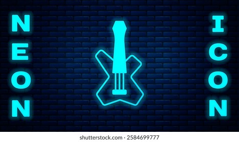 Glowing neon Electric bass guitar icon isolated on brick wall background.  Vector