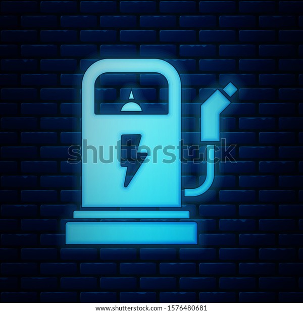 Glowing neon Electric car charging station\
icon isolated on brick wall background. Eco electric fuel pump\
sign.  Vector\
Illustration