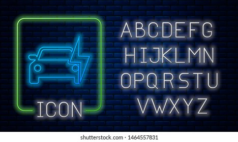 Glowing neon Electric car and electrical cable plug charging icon isolated on brick wall background. Renewable eco technologies. Neon light alphabet. Vector Illustration