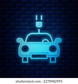 Glowing neon Electric car and electrical cable plug charging icon isolated on brick wall background. Renewable eco technologies.  Vector