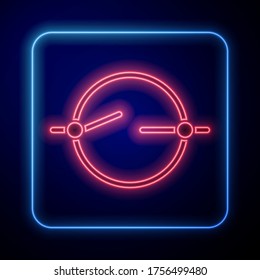 Glowing neon Electric circuit scheme icon isolated on blue background. Circuit board.  Vector Illustration