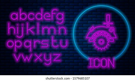 Glowing neon Electric circular saw with steel toothed disc icon isolated on brick wall background. Electric hand tool for cutting wood or metal. Neon light alphabet. Vector Illustration