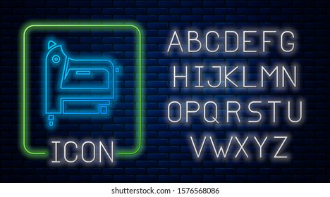 Glowing neon Electric construction stapler icon isolated on brick wall background. Working tool. Neon light alphabet. Vector Illustration