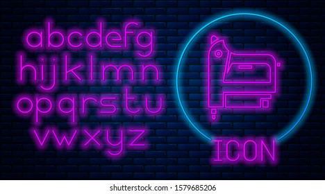 Glowing neon Electric construction stapler icon isolated on brick wall background. Working tool. Neon light alphabet. Vector Illustration