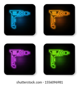 Glowing neon Electric drill machine icon isolated on white background. Repair tool. Black square button. Vector Illustration