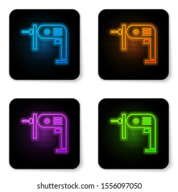 Glowing neon Electric drill machine icon isolated on white background. Repair tool. Black square button. Vector Illustration
