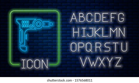 Glowing neon Electric drill machine icon isolated on brick wall background. Repair tool. Neon light alphabet. Vector Illustration