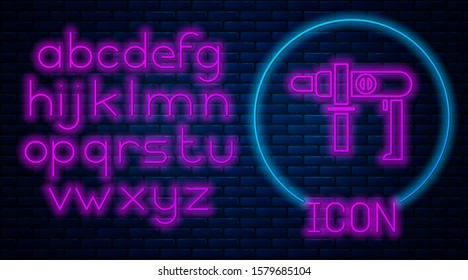 Glowing neon Electric drill machine icon isolated on brick wall background. Repair tool. Neon light alphabet. Vector Illustration