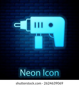 Glowing neon Electric drill machine icon isolated on brick wall background. Repair tool.  Vector