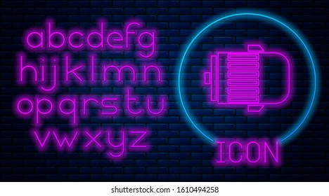 Glowing neon Electric engine icon isolated on brick wall background. Car alternator. Neon light alphabet. Vector Illustration