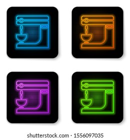 Glowing neon Electric mixer icon isolated on white background. Kitchen blender. Black square button. Vector Illustration
