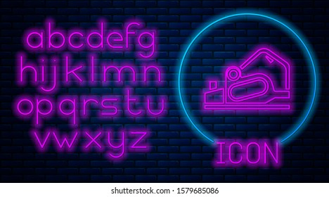 Glowing neon Electric planer tool icon isolated on brick wall background. Neon light alphabet. Vector Illustration
