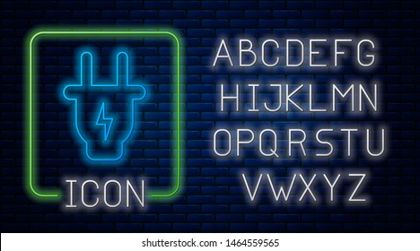 Glowing neon Electric plug icon isolated on brick wall background. Concept of connection and disconnection of the electricity. Neon light alphabet. Vector Illustration