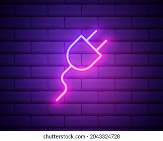 Glowing neon Electric plug icon isolated on brick wall background. Concept of connection and disconnection of the electricity. Vector Illustration.