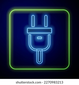Icono de neón brillante Electric plug aislado en fondo azul. Concepto de conexión y desconexión de la electricidad.  Vector