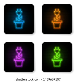 Glowing neon Electric saving plug in pot icon isolated on white background. Save energy electricity icon. Environmental protection icon. Bio energy. Black square button. Vector Illustration