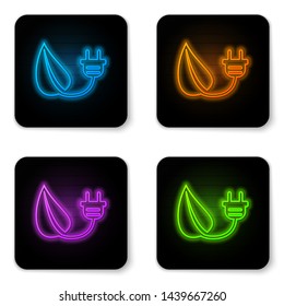 Glowing neon Electric saving plug in leaf icon isolated on white background. Save energy electricity icon. Environmental protection icon. Bio energy. Black square button. Vector Illustration