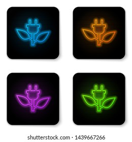 Glowing neon Electric saving plug in leaf icon isolated on white background. Save energy electricity icon. Environmental protection icon. Bio energy. Black square button. Vector Illustration