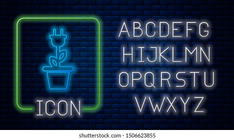 Glowing neon Electric saving plug in pot icon isolated on brick wall background. Save energy electricity icon. Environmental protection icon. Bio energy. Neon light alphabet. Vector Illustration