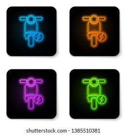 Glowing neon Electric scooter icon isolated on white background. Black square button. Vector Illustration