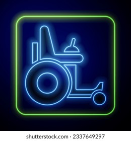 Glowing neon Electric wheelchair for disabled people icon isolated on blue background. Mobility scooter icon.  Vector