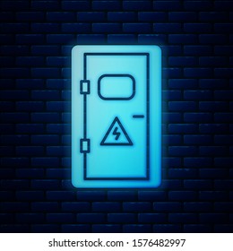 Glowing neon Electrical cabinet icon isolated on brick wall background.  Vector Illustration