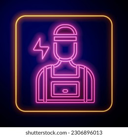 Glowing neon Electrician technician engineer icon isolated on black background.  Vector