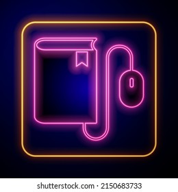 El neón brillante libro electrónico con el icono del ratón aislado en el fondo negro. Concepto de educación en línea. Icono de la insignia del libro electrónico.  Vector