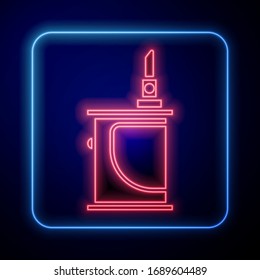 Glowing neon Electronic cigarette icon isolated on blue background. Vape smoking tool. Vaporizer Device.  Vector Illustration