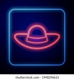 Glowing neon Elegant women hat icon isolated on black background.  Vector