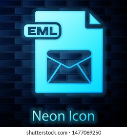 Glowing neon EML file document. Download eml button icon isolated on brick wall background. EML file symbol.  Vector Illustration